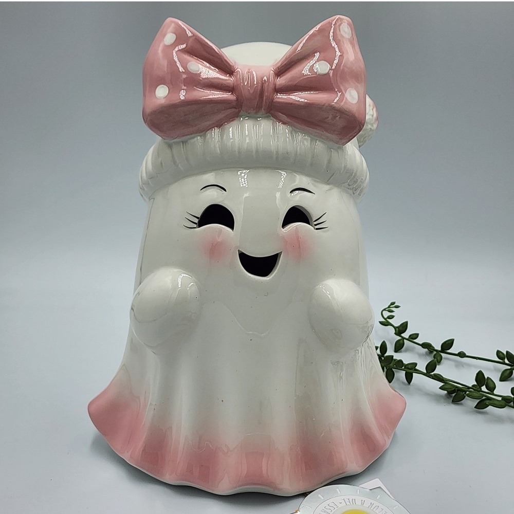 Goblin & Ghoul Ceramic Light Up Ghost Figurine Pink Bow Polka Dot Halloween 10"